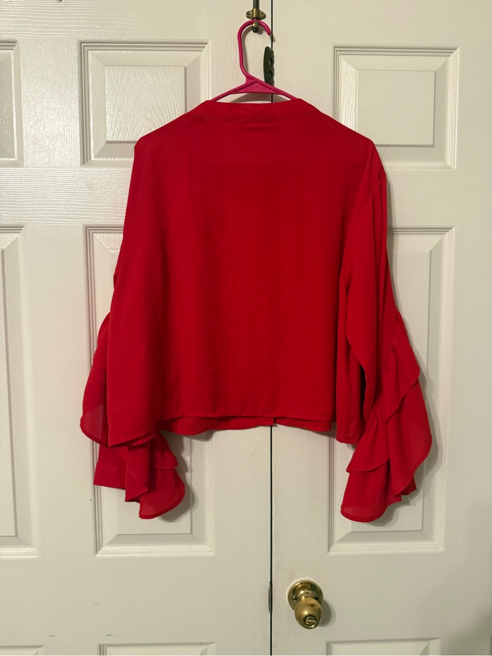 Women’s Red Ruffle-Front Button Blouse - Picture 3 of 3